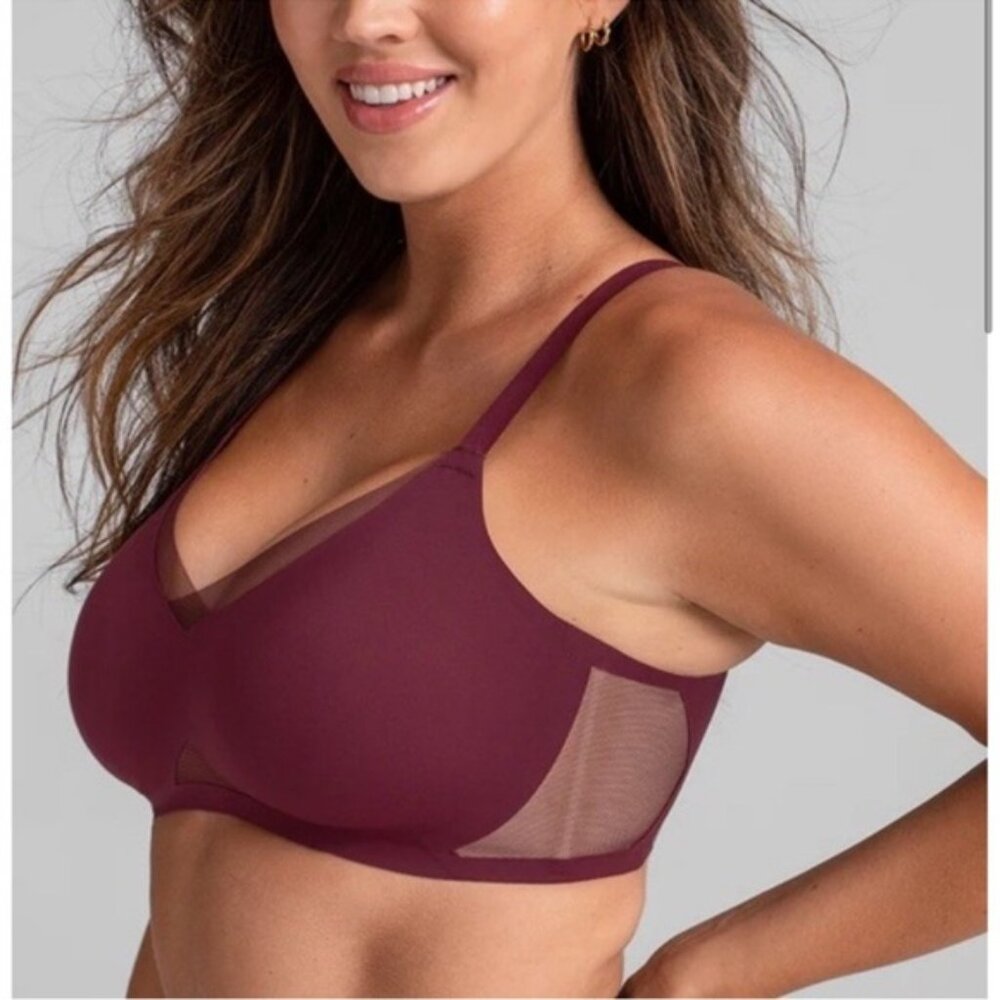 HONEYLOVE Crossover V-Neck Wireless Bra Womens Large Burgundy Fig Tan Mesh